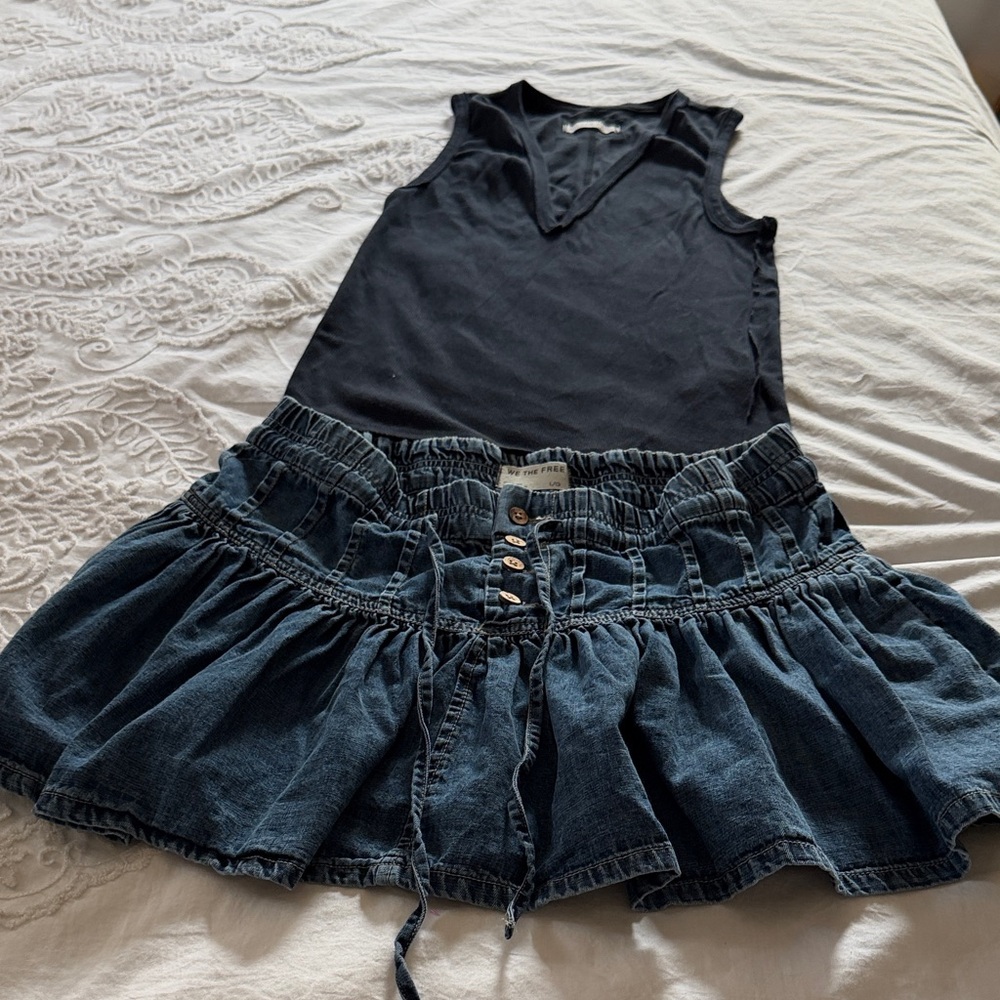 We The Free Black Tank  and Blue Denim Skirt